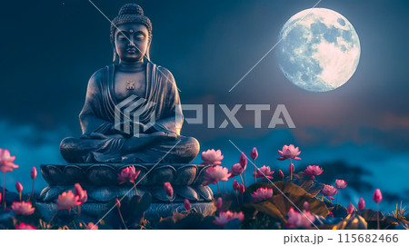 Buddha statue mediating with Lotuses and reflection. Magha Puja, Asanha Puja, and Visakha Puja Day. Buddhist holiday Concept. Generative Ai. 115682466