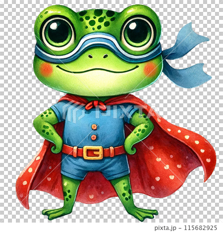 A cute cartoon frog dressed as a superhero with a red cape and blue suit 115682925