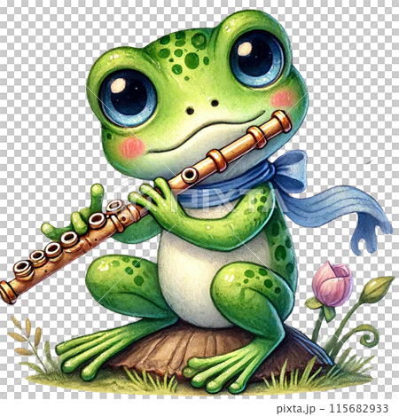 A cute green frog playing the flute with a blue ribbon around its neck. The frog sits on a small log surrounded by grass and flowers. 115682933