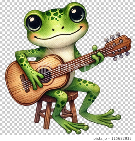 A cute green frog plays an acoustic guitar with a big smile on its face. Music notes float above its head. 115682935