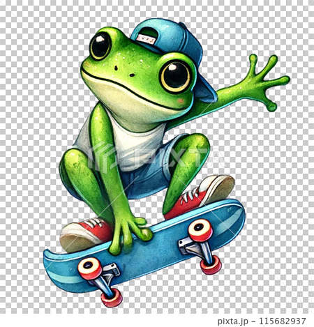 A cute green frog wearing a blue hat and denim shorts, skateboarding. 115682937