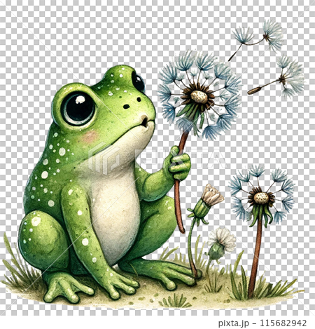 A cute green frog with big eyes sits next to a dandelion, blowing on it to make the seeds fly. A cute green frog with big eyes sits next to a dandelion, blowing on it to make the seeds fly. 115682942