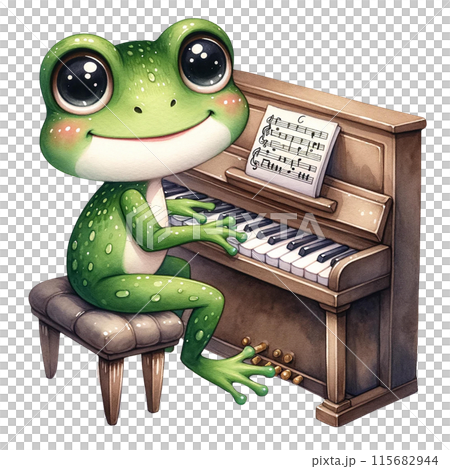 A cute green frog with big eyes sits on a piano stool, playing a piano with sheet music. A cute green frog with big eyes sits on a piano stool, playing a piano with sheet music. 115682944