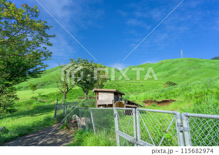 初夏の青空を背景に大自然の俵山と周辺風景(ヤギ小屋)　(観光スポット俵山　交流館　萌の里) 115682974