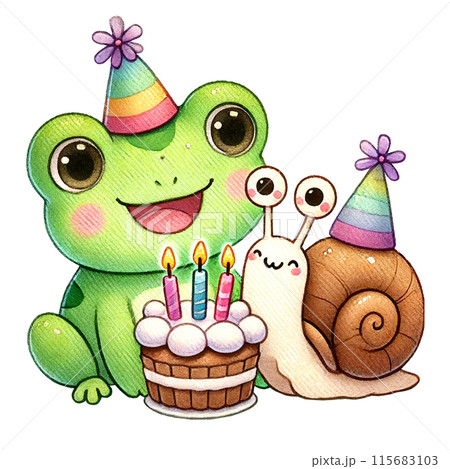 A happy frog and snail celebrate a birthday with a cake and candles. Friendship concept A happy frog and snail celebrate a birthday with a cake and candles. Friendship concept 115683103