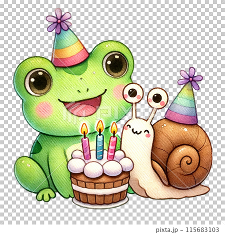A happy frog and snail celebrate a birthday with a cake and candles. Friendship concept 115683103