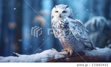 Snowy Owl, Bubo Scandiacus, perched on a post making eye contact with piercing yellow eyes. Light snowfall 115683432