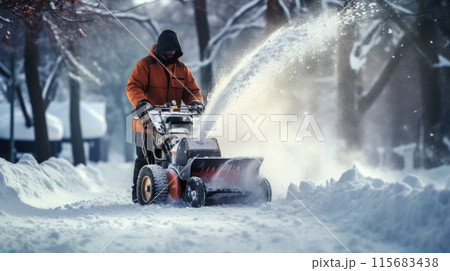 Snow blower powered by gasoline in action. Man outdoor in front of house using snowblower machine. Snow blower powered by gasoline in action. Man outdoor in front of house using snowblower machine. 115683438