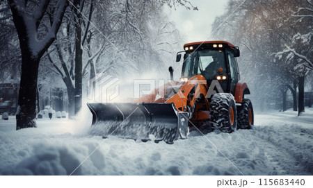 Snow blower powered by gasoline in action. Man outdoor in front of house using snowblower machine. Snow blower powered by gasoline in action. Man outdoor in front of house using snowblower machine. 115683440