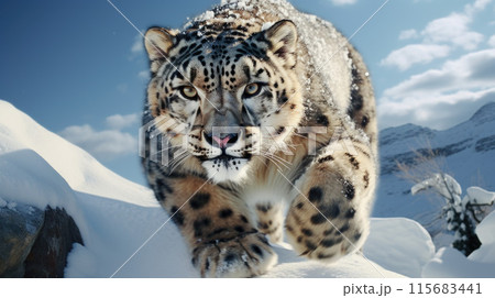 Snow leopard with long taill, sitting in nature stone rocky mountain habitat 115683441