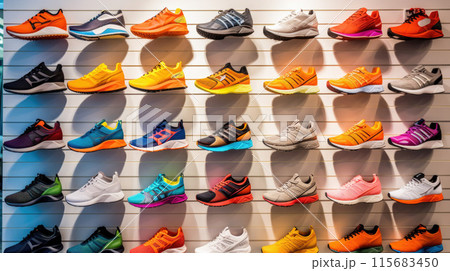 Shop display of a lot of Sports shoes on a wall. A view of a wall of shoes inside the store. Modern new stylish sneakers running shoes for men and women 115683450