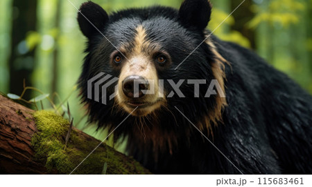 Close up, wild sloth bear, Melursus ursinus, in the forest. Sloth bear staring directly at camera, wildlife photo Close up, wild sloth bear, Melursus ursinus, in the forest. Sloth bear staring directly at camera, wildlife photo 115683461