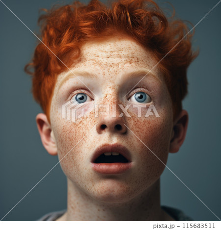 Funny boy with curly ginger hair and freckles being shocked 115683511