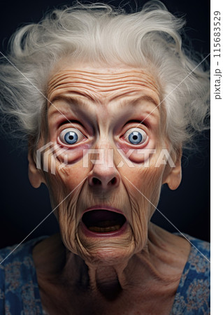 Scared and shocked grandmother gasping and staring frustrated at camera Scared and shocked grandmother gasping and staring frustrated at camera 115683529