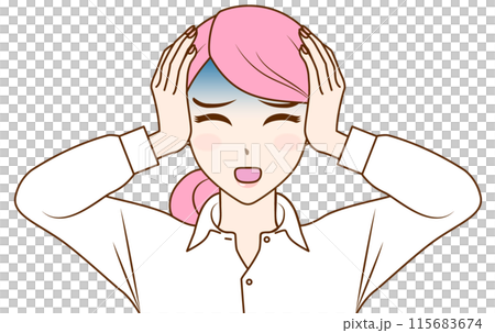 Illustration of a woman holding her head and turning pale 115683674