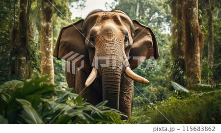 African Bush Elephants - Loxodonta africana family walking on the road in wildlife reserve 115683862