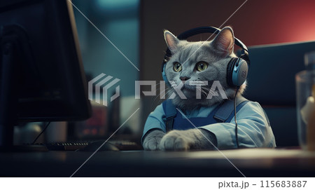 Cat in call center agent answering incoming calls with a headset, providing customer service remotely 115683887