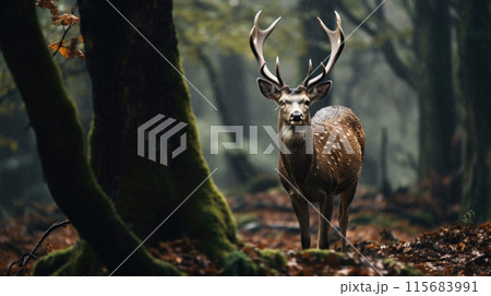 Sambar deer eating grass in a swamp in the Sumatran forest Sambar deer eating grass in a swamp in the Sumatran forest 115683991