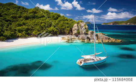 amazing view to yacht, swimming woman and clear water caribbean paradise 115684008