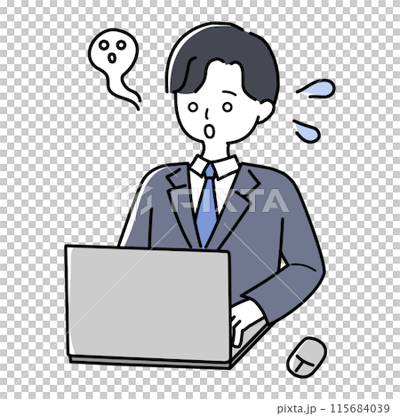 一個穿著西裝的男人在筆記型電腦前顯得心不在焉 115684039