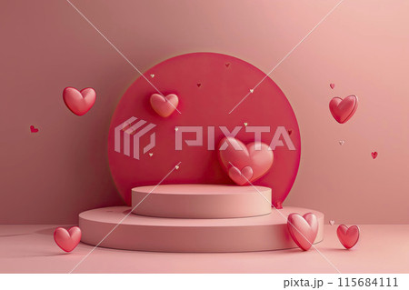 AI-generated item. 3d pink round podium and hearts. AI-generated item. 3d pink round podium and hearts. 115684111