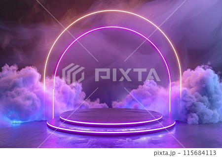 AI-generated item. 3d neon round podium for product presentation. AI-generated item. 3d neon round podium for product presentation. 115684113