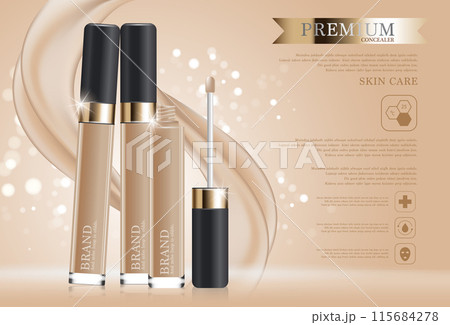 Hydrating facial concealer for annual sale or festival sale. black and gold concealer mask bottle isolated on glitter particles background. Graceful cosmetic ads, illustration. 115684278