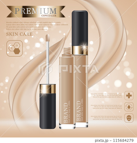 Hydrating facial concealer for annual sale or festival sale. black and gold concealer mask bottle isolated on glitter particles background. Graceful cosmetic ads, illustration. Hydrating facial concealer for annual sale or festival sale. black and gold concealer mask bottle isolated on glitter particles background. Graceful cosmetic ads, illustration. 115684279