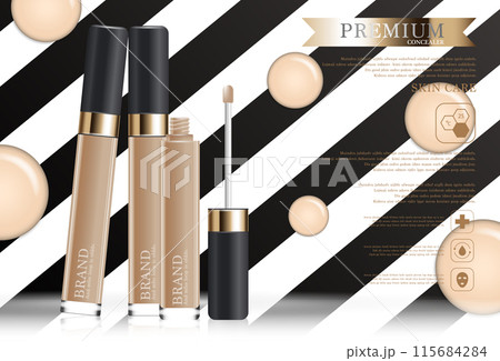 Hydrating facial concealer for annual sale or festival sale. black and gold concealer mask bottle isolated on glitter particles background. Graceful cosmetic ads, illustration. 115684284