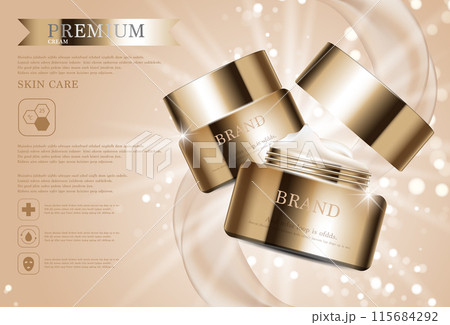 Hydrating facial cream for annual sale or festival sale. gold cream mask bottle isolated on glitter particles background. Graceful cosmetic ads, illustration. 115684292