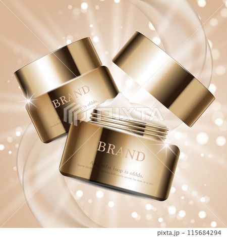 Hydrating facial cream for annual sale or festival sale. gold cream mask bottle isolated on glitter particles background. Graceful cosmetic ads, illustration. Hydrating facial cream for annual sale or festival sale. gold cream mask bottle isolated on glitter particles background. Graceful cosmetic ads, illustration. 115684294