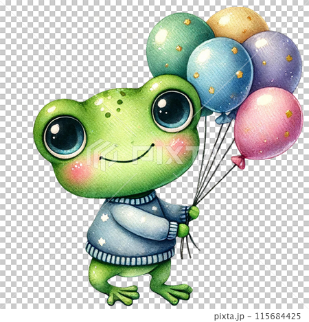 A cheerful green frog wearing a blue sweater holds a bunch of colorful balloons. A cheerful green frog wearing a blue sweater holds a bunch of colorful balloons. 115684425