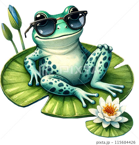 A cool frog wearing sunglasses relaxes on a lily pad with a white water lily. 115684426