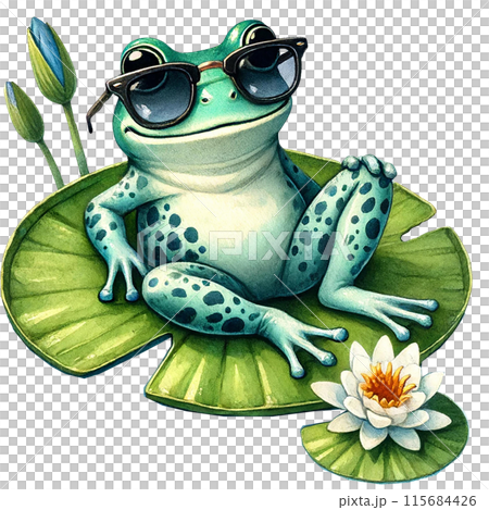 A cool frog wearing sunglasses relaxes on a lily pad with a white water lily. 115684426