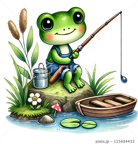 A cute green frog in overalls sits by a pond, patiently fishing with a rod and line. 115684433