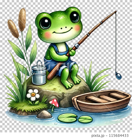 A cute green frog in overalls sits by a pond, patiently fishing with a rod and line. 115684433