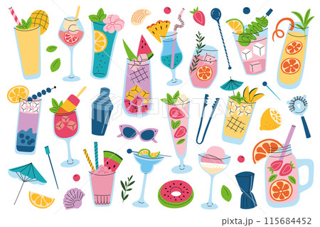 Summer drinks and cocktails set, cold alcohol beverages with ice, bar menu collection, mocktails and lemonades doodles set, vector illustrations of sorbet drink, watermelon soda, trendy mocktails 115684452