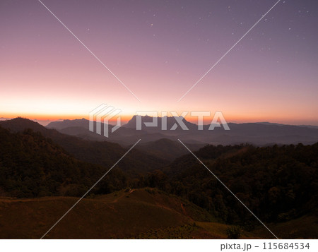Doi Luang Chiang Dao mountain at dawn with golden hour sunrise sky. Chiang Mai - Thailand 115684534