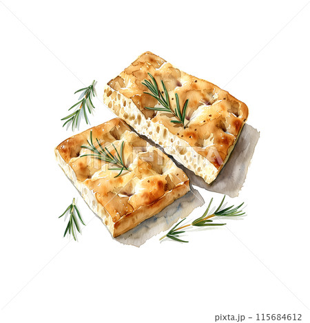 白背景にフォカッチャの水彩イラスト 白背景にフォカッチャの水彩イラスト 115684612