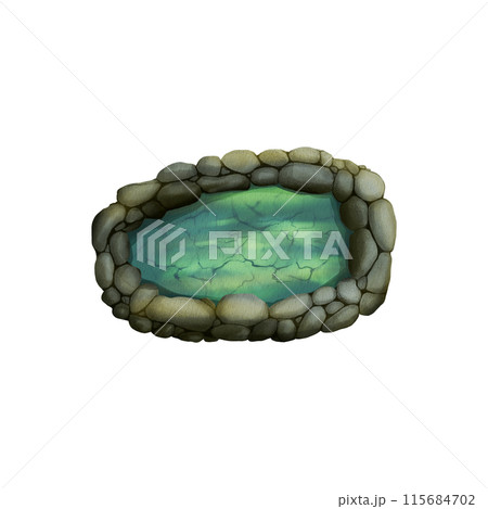 Garden pond set. Watercolor illustration with koi fish, water lily. Watercolor light pink water lily flower. A garden pond with rocks.Suitable for the design of postcards, packages, badges, printing. 115684702