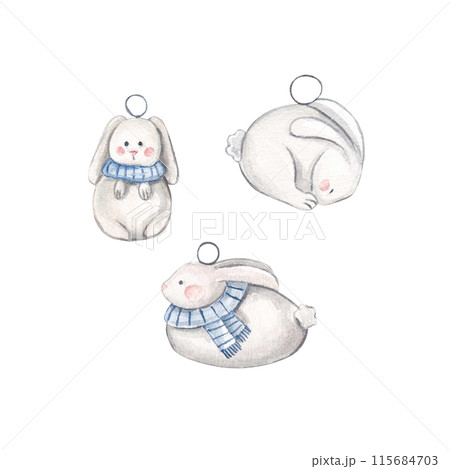Christmas tree toys white rabbit with a blue scarf on a white background. Watercolor New Year's illustration. Christmas decorations. White Christmas Bunny. Christmas. New Year. Suitable for design. 115684703