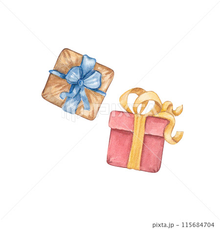 A set of Christmas gifts with a bow on a white background. Christmas. A Christmas box. Vintage illustration. Suitable for Christmas compositions and New Year's holidays. Postcards, design, pack. 115684704