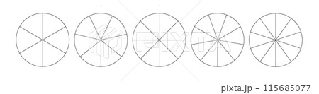 Segmented circles isolated on a white background. A different number of sectors divides the circle into equal parts. Vector 115685077