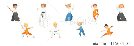 Boy and Girl Character Do Taekwondo or Judo Workout Vector Set 115685180