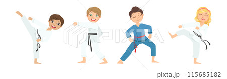 Boy and Girl Character Do Taekwondo or Judo Workout Vector Set Boy and Girl Character Do Taekwondo or Judo Workout Vector Set 115685182
