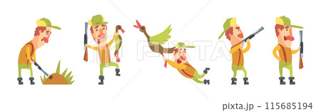 Funny Man Hunter Character with Rifle or Gun Vector Set 115685194