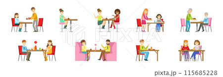 People Character Eating Food at Cafe Sitting at Table Vector Set 115685228