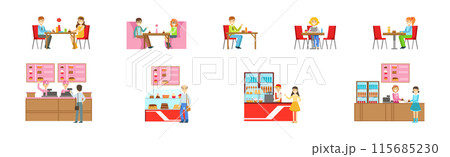 People Character Eating Food at Cafe Sitting at Table Vector Set People Character Eating Food at Cafe Sitting at Table Vector Set 115685230