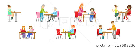 People Character Eating Food at Cafe Sitting at Table Vector Set People Character Eating Food at Cafe Sitting at Table Vector Set 115685236