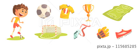 Football Professional Objects and Colorful Item Vector Set 115685285